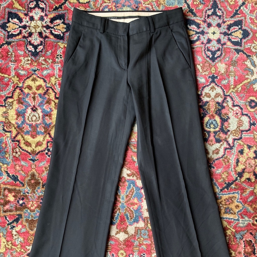 Theory black, flared, mid-rise work pants